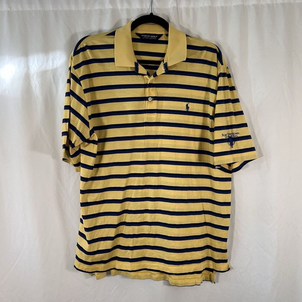 Polo Golf Ralph Lauren Shirt Men's Medium Yellow Blue Striped Short Sleeve Pima